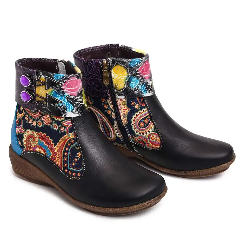 SOCOFY botas mujer; удобные черные ботильоны из натуральной кожи на плоской подошве в стиле ретро с рисунком розы; женская обувь на каблуке; вечерние зимние ботинки; коллекция года