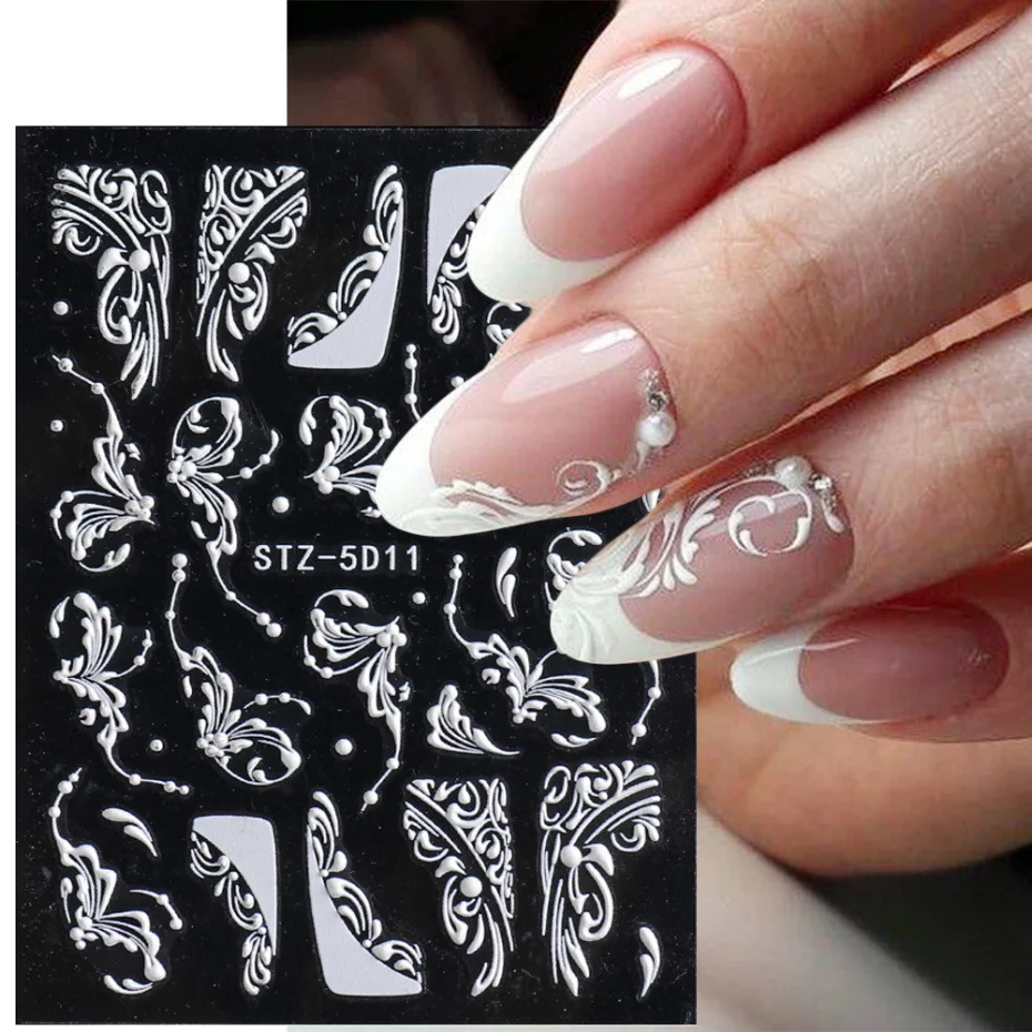 

Vintage White Carved 5D Nail Stickers Design Adhesive Slider For Flowers Nail Art Decals French Manicure Decoration