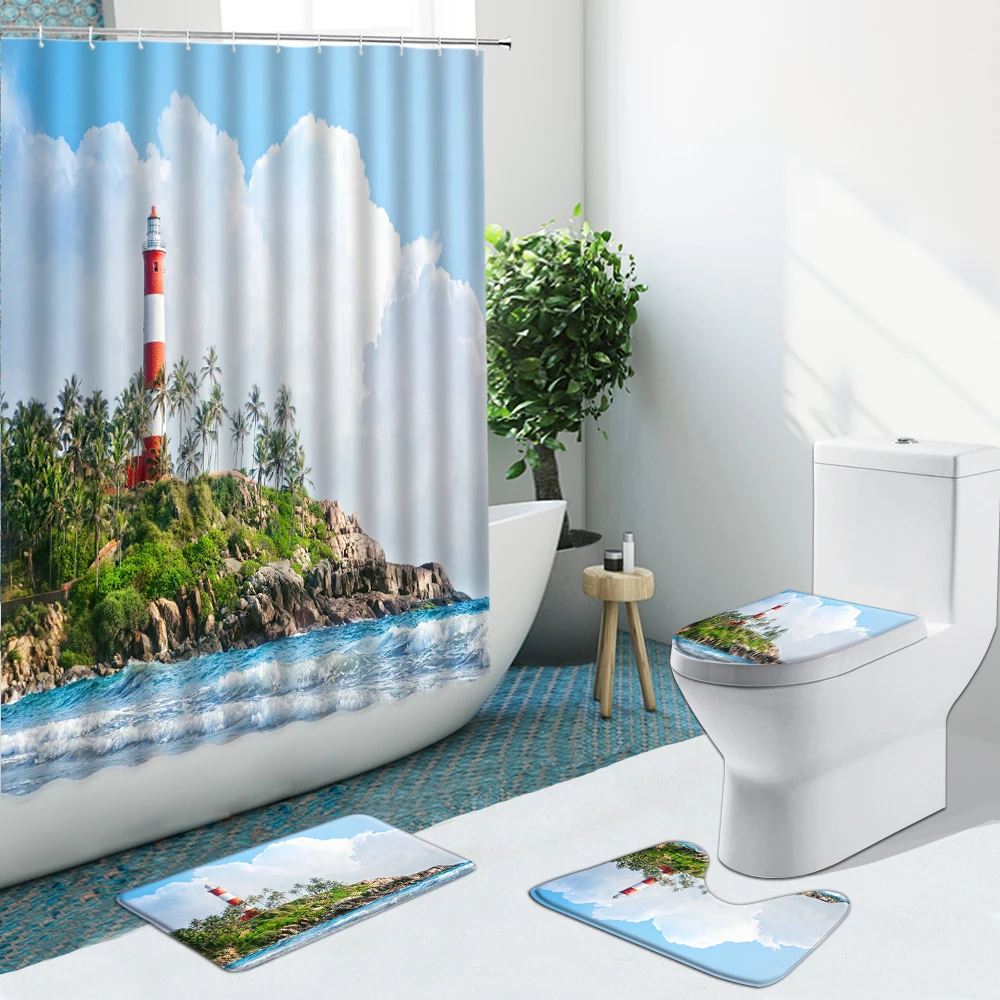 

Blue Sea Lighthouse Mountain Tree Bathroom Curtain Set Non-Slip Rugs Flannel Carpet Shower Curtains Toilet Cover Bath Mat Decor