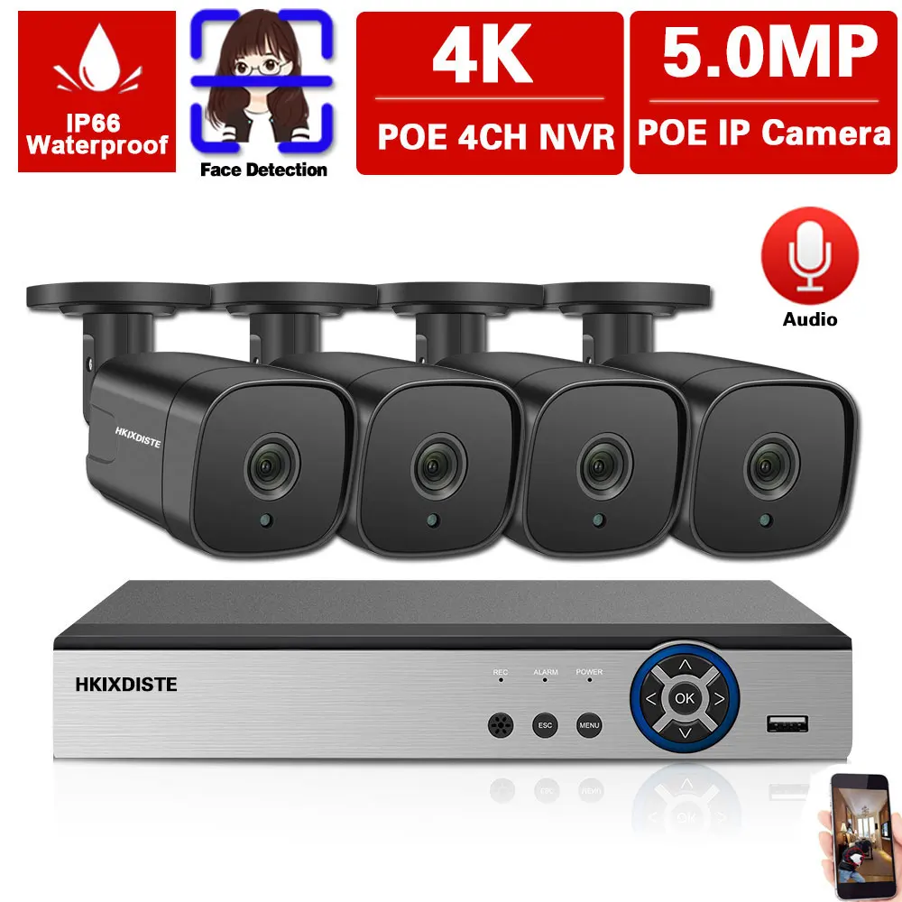 

HD 4K POE NVR Kit 4CH CCTV Camera System 5MP Outdoor Waterproof POE IP Camera Set Home Security Surveillance System Kit XMEYE