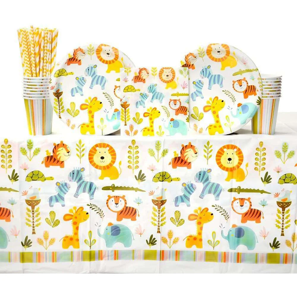 

Disposable tableware for children's birthday party in tropical rainforest Zoo