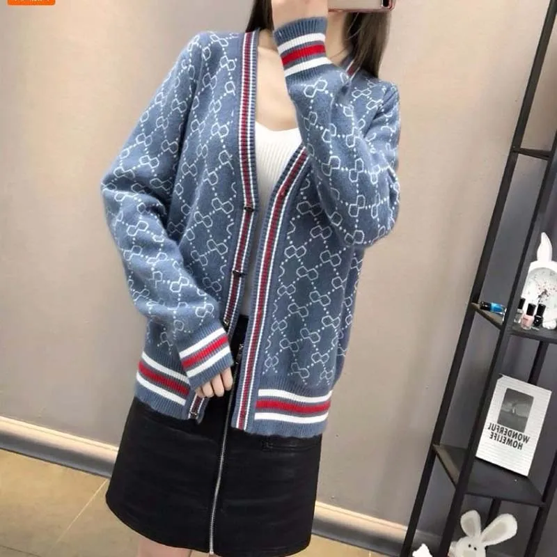 

22Knitted Cardigan Jacket Women's 2021 Spring and Autumn Style Korean Style Loose Single-breasted Sweater Retro Jacquard Sweater