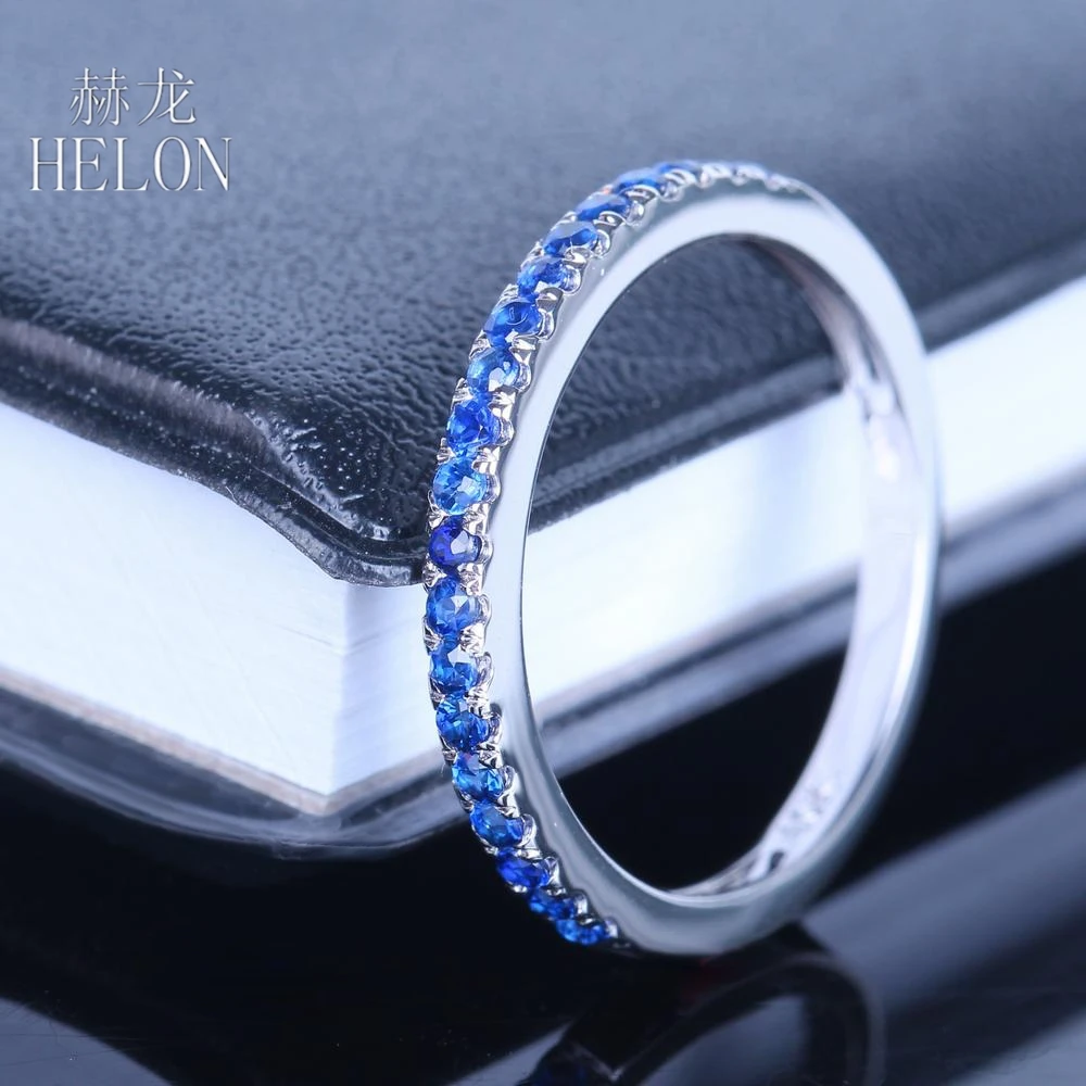 

HELON Solid 10k White Gold 0.4ct Genuine Sapphires Half Eternity Ring Women Fine Jewelry Engagement Wedding Gemstone Ring