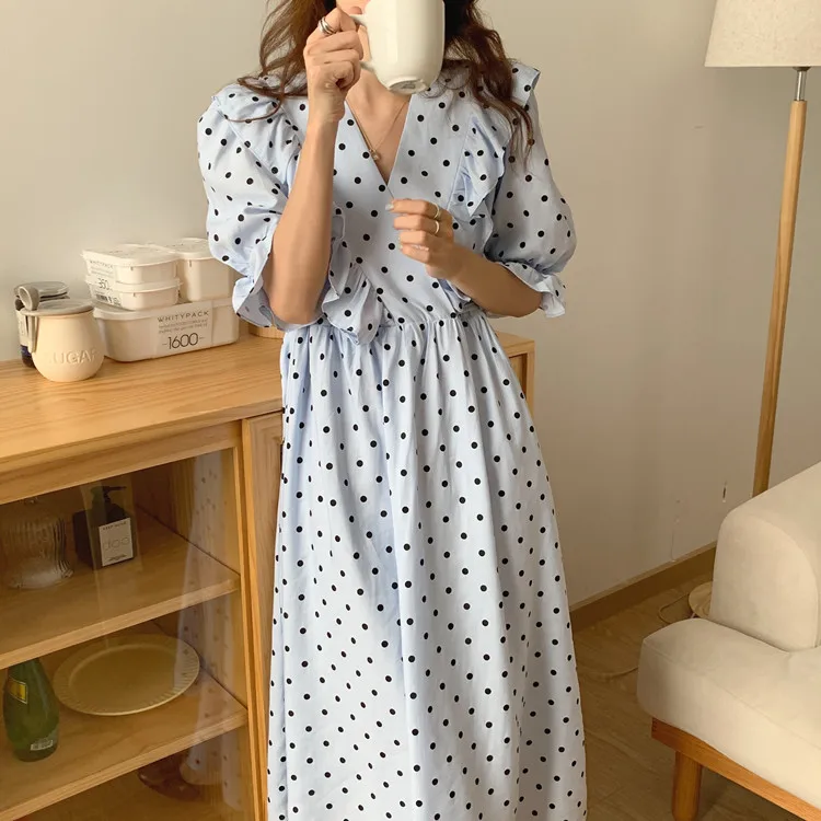 

2021 Summer Elegant Women Long Dress V-neck Cross Ruffle Stitching High Waist Polka Dot Dress 2 Colors