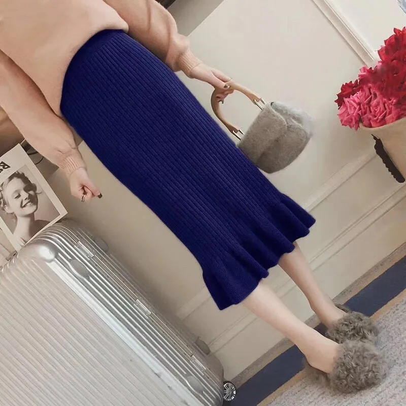 

Women Autumn Knitted Skirt With Half Length High Waist Split Fork Hip Tail Solid Color Skirt Vinatge