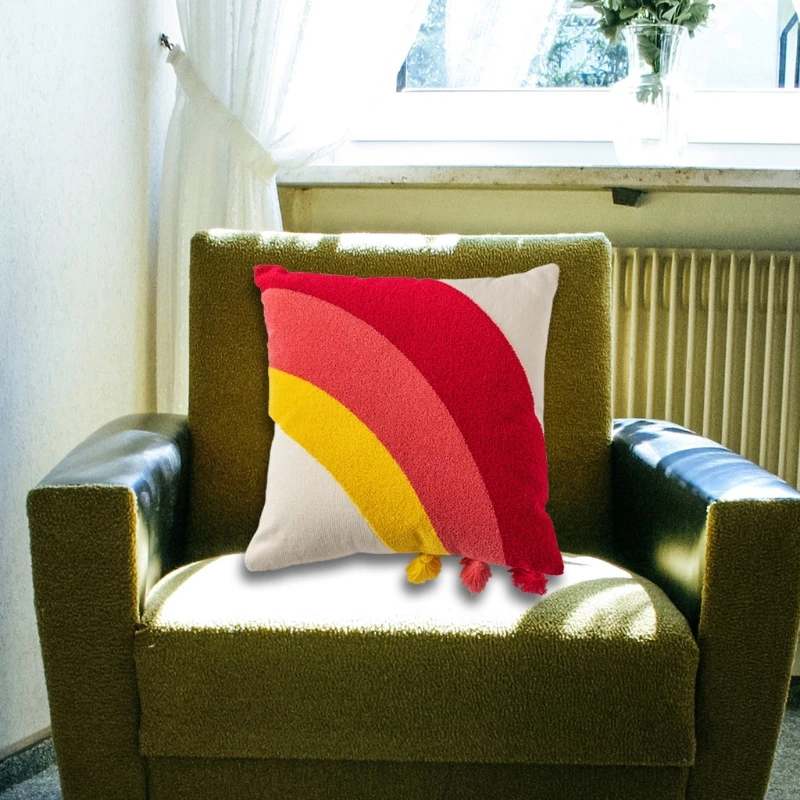 

652A Embroidered Rainbow Tassel Cushion Pillow Handmade Throw Pillow Home Decor Backrest Cushion Pillow for Sofa Bed Couch Home