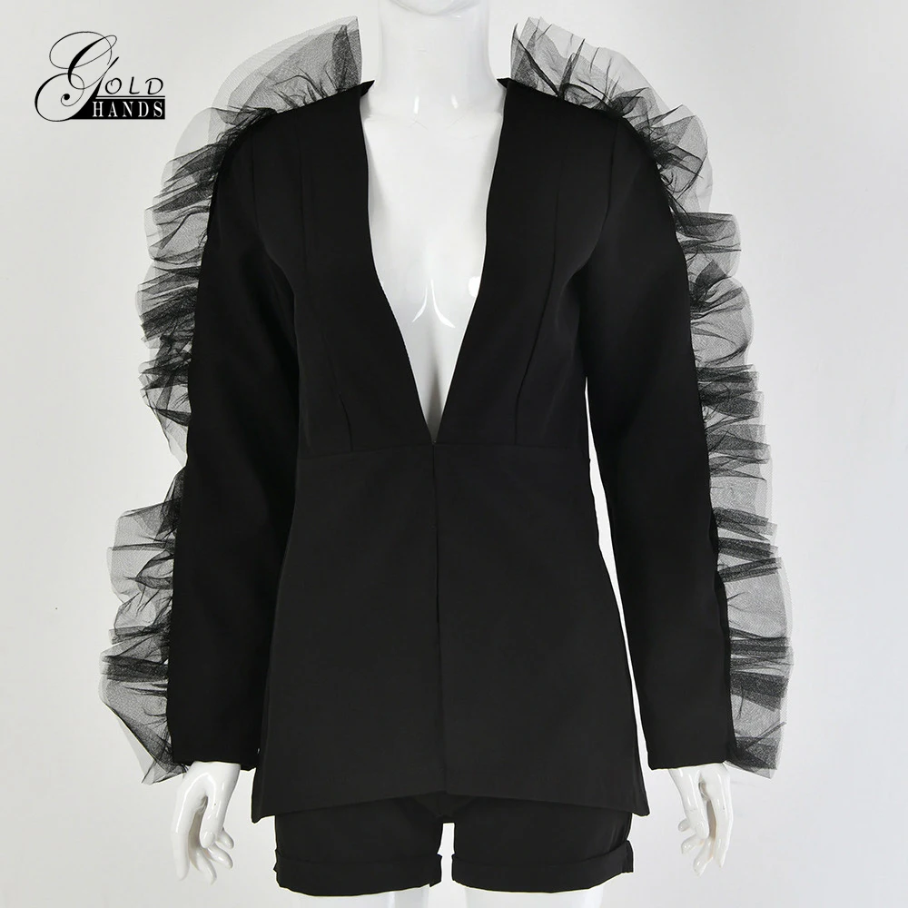 Gold Hands 2019 New Women Deep V-Neck Mesh Spliced Sexy Blazer and Shorts Set Long Sleeve Autumn Two Piece Casual Free Ship | Женская