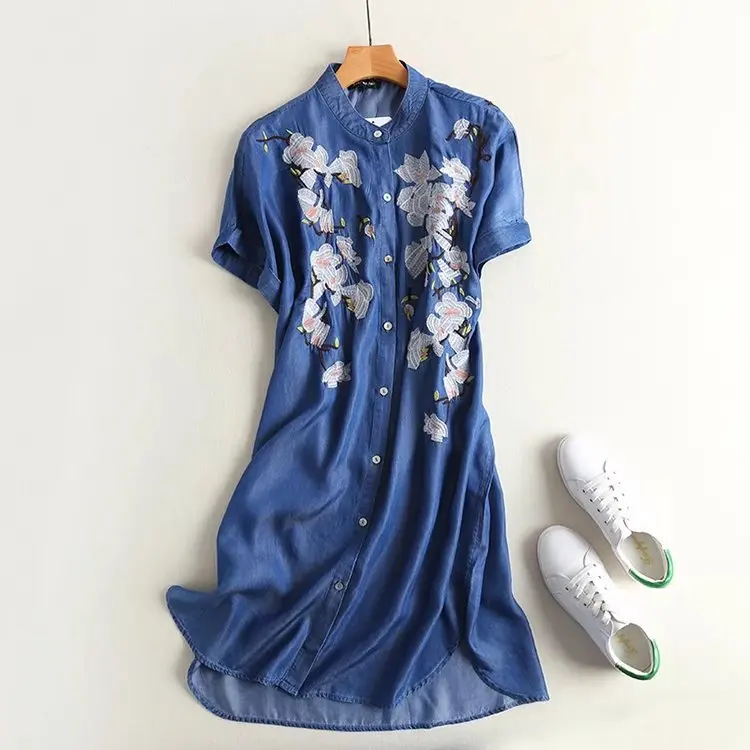 

Женское джинсовое платье с вышивкой, свободное платье с воротником-стойкой и коротким рукавом, Новинка лета 2021