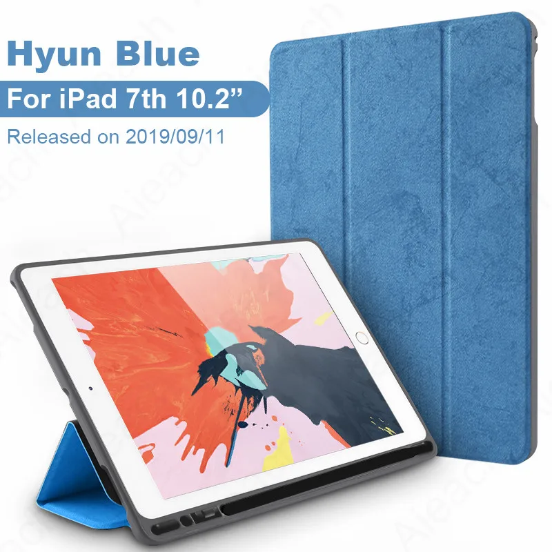 Hyun Blue Для iPad 7th 10," Чехол с карандашом держатель ткань Текстура Кожа Мягкий силиконовый чехол для iPad 10,2 чехол Автоматический Режим сна/пробуждения - Цвет: Hyun Blue