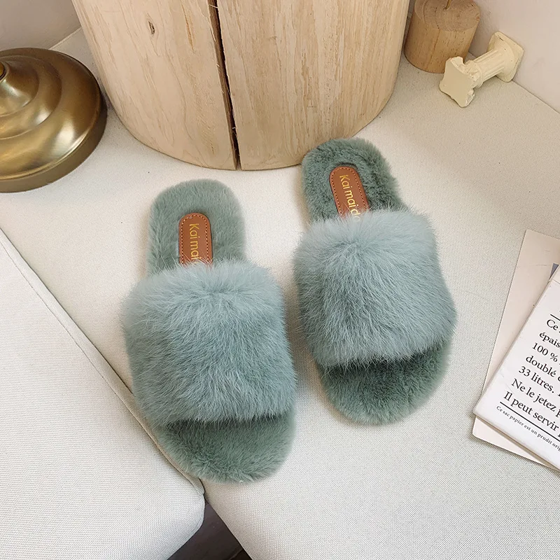 

furry shoes Korean net red fur Women's shoes female flat word with fur slippers fashion thick bottom home lazy slippers women