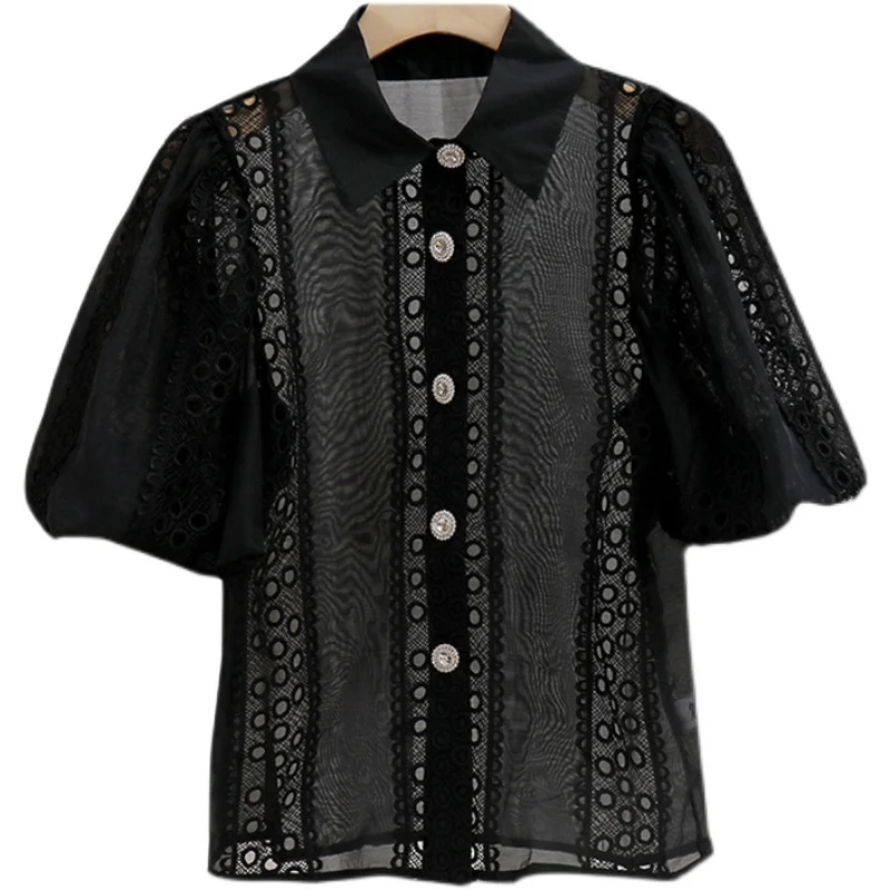 

French Style Temperament Crocheted Hollow Lace Lapel Shirt for Women Drill Buckle Lantern Sleeve Shirt Tup Cardigan