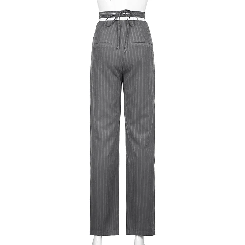 

2021 Women Bandage Waist Striped Pants Woman Gray High Waisted Bottom Woman Straight Pants Spring Summer Korean Y2k Pants Female