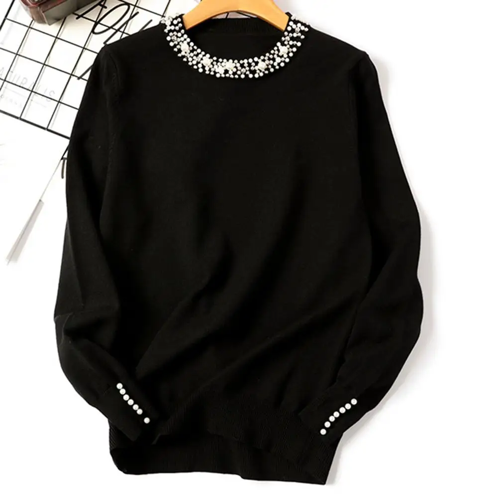 

2021 Fashion Solid Color Beading Round Neck Sweater Pullover Women Loose Knitted Top Women's Clothing pull femme
