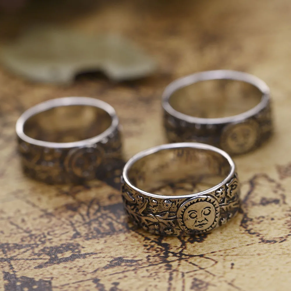 Винтажное кольцо серебряного цвета с резным изображением солнца луны розы в
