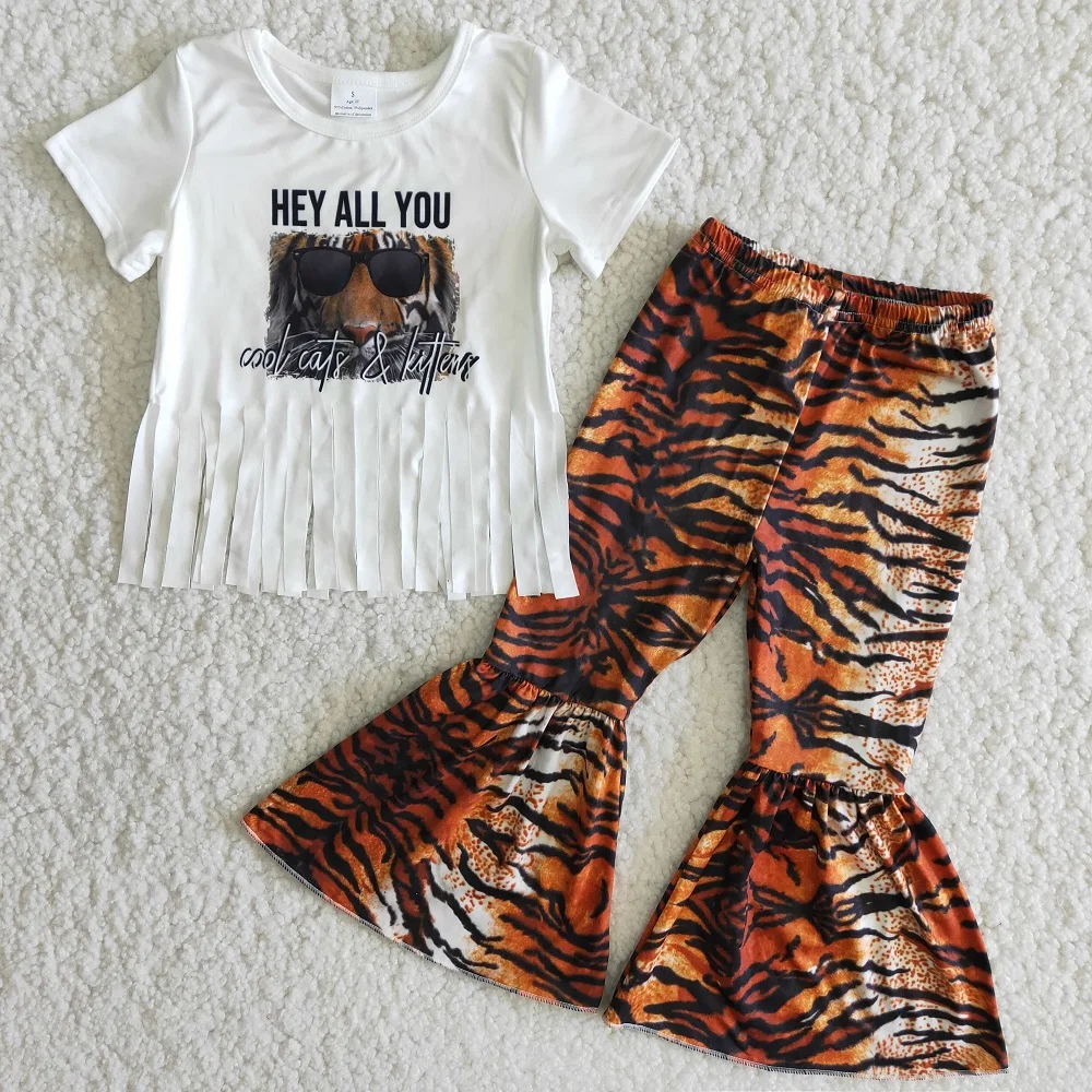 

Spring Baby Girls Wear Short Sleeve Outfit Tiger Letter Print Shirt Tassel Styles Kids Boutique Clothes Sets Wholesale