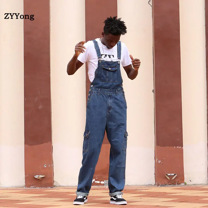 ZYYong European American tide brand hip-hop one-piece denim overalls men's Japanese retro loose pockets large size 30-46