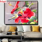 Алмазная картина с гибискусом и Колибри, мозаичная картина из квадратных круглых цветов, украшение для дома, стразы