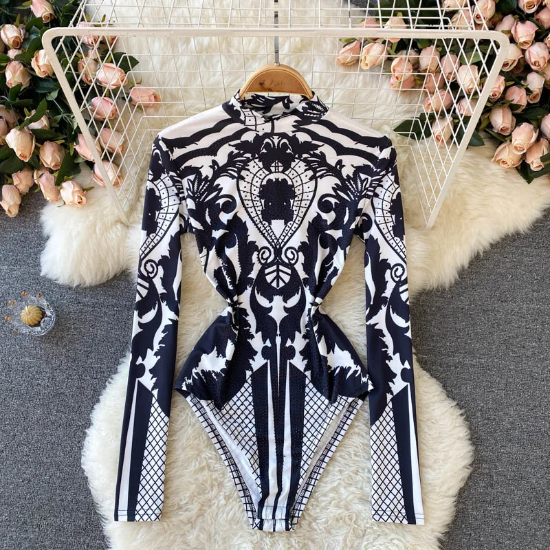 

Women Bodysuit 2021 New Autumn Fashion Stand Collar Long Sleeve Body Top Casual Streetwear Floral Print Sexy Skinny Bodycon Tops