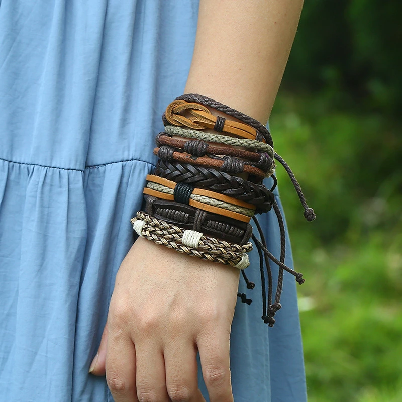 

6pcs Retro Vintage Wristbands Weave Leather Rope Bracelet Set Ethnic Women Men Adjustable Charm Wrap Bangle Fashion Punk Jewelry