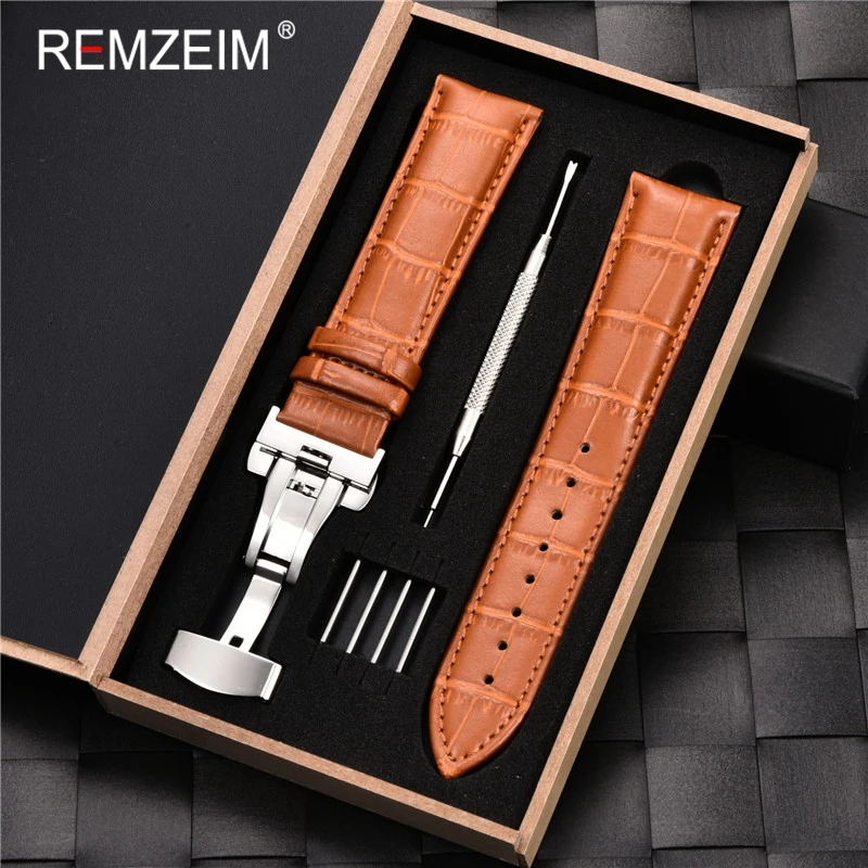 

REMZEIM Genuine Leather Watch Band Straps 16 17 18 19 20 21 22 23 24mm Calf Leather Watch Band Watch Accessories With Box