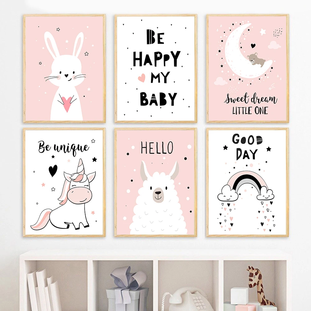 

Cute Rabbit Bunny Lama Unicorn Baby Nursery Wall Art Be Happy Canvas Poster Print Nordic Child Kids Room Decor Painting Picture