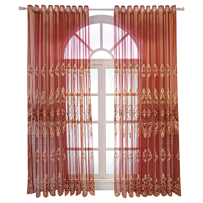 

Red Luxury Embroidery Tulle Curtains for Living Room Golden Thread Embroidery Yarn Drapes for Bedroom Balcony #VT