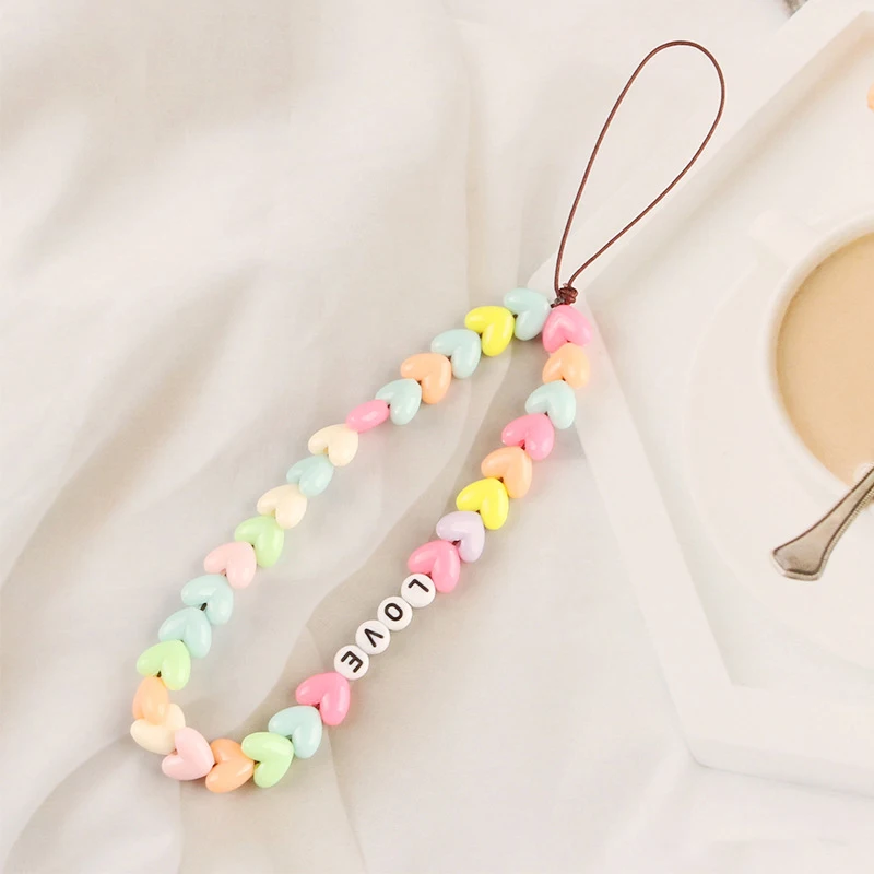 wheat ears bracelets phone charm acrylic love letters beaded wrist strap keychain on the phone lanyard rope accessories free global shipping