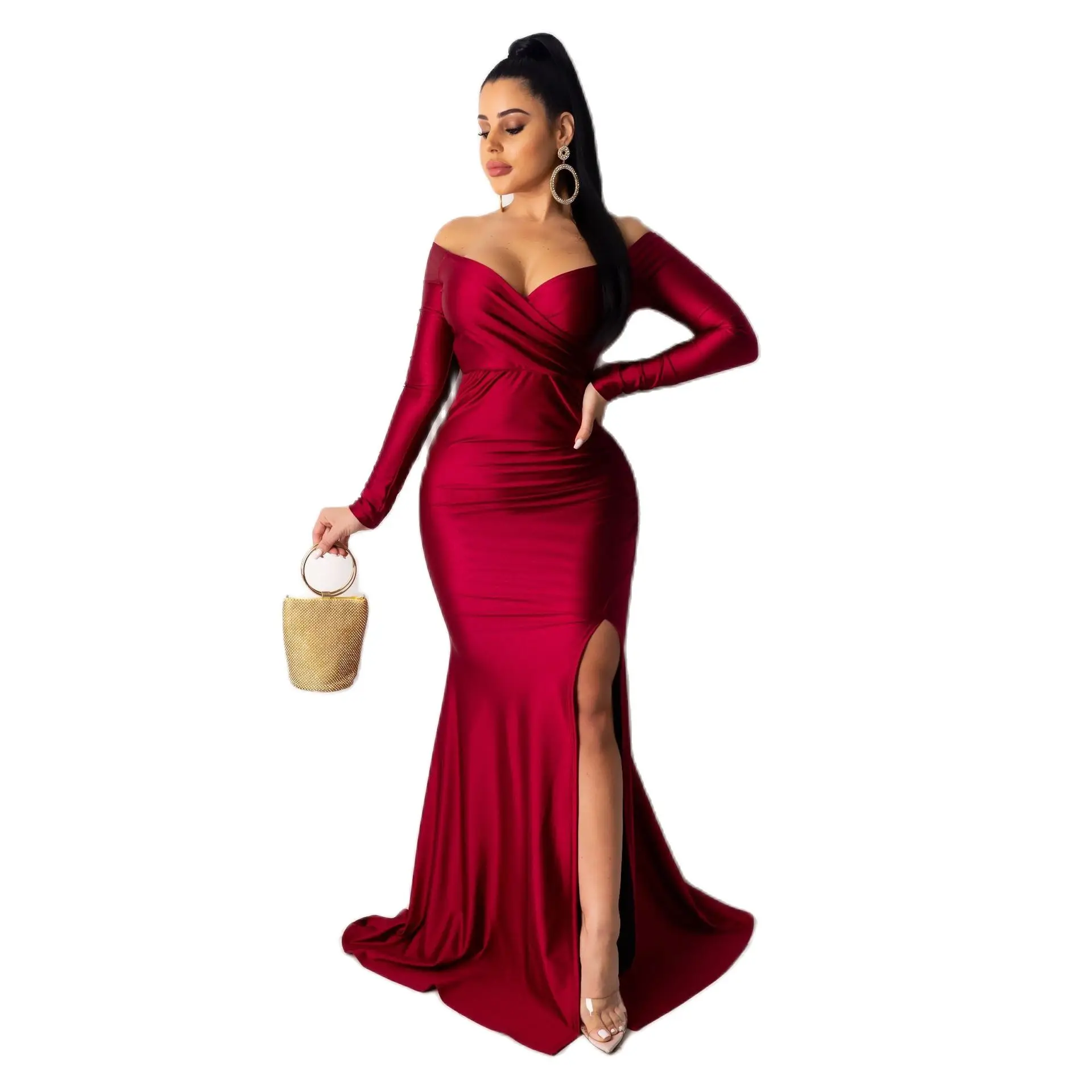 

Sexy Off Shoulder Plunging V-neck High Side Split Mermaid Dress Night Club Long Maxi Dress Dresses Party Dresses Women Evening