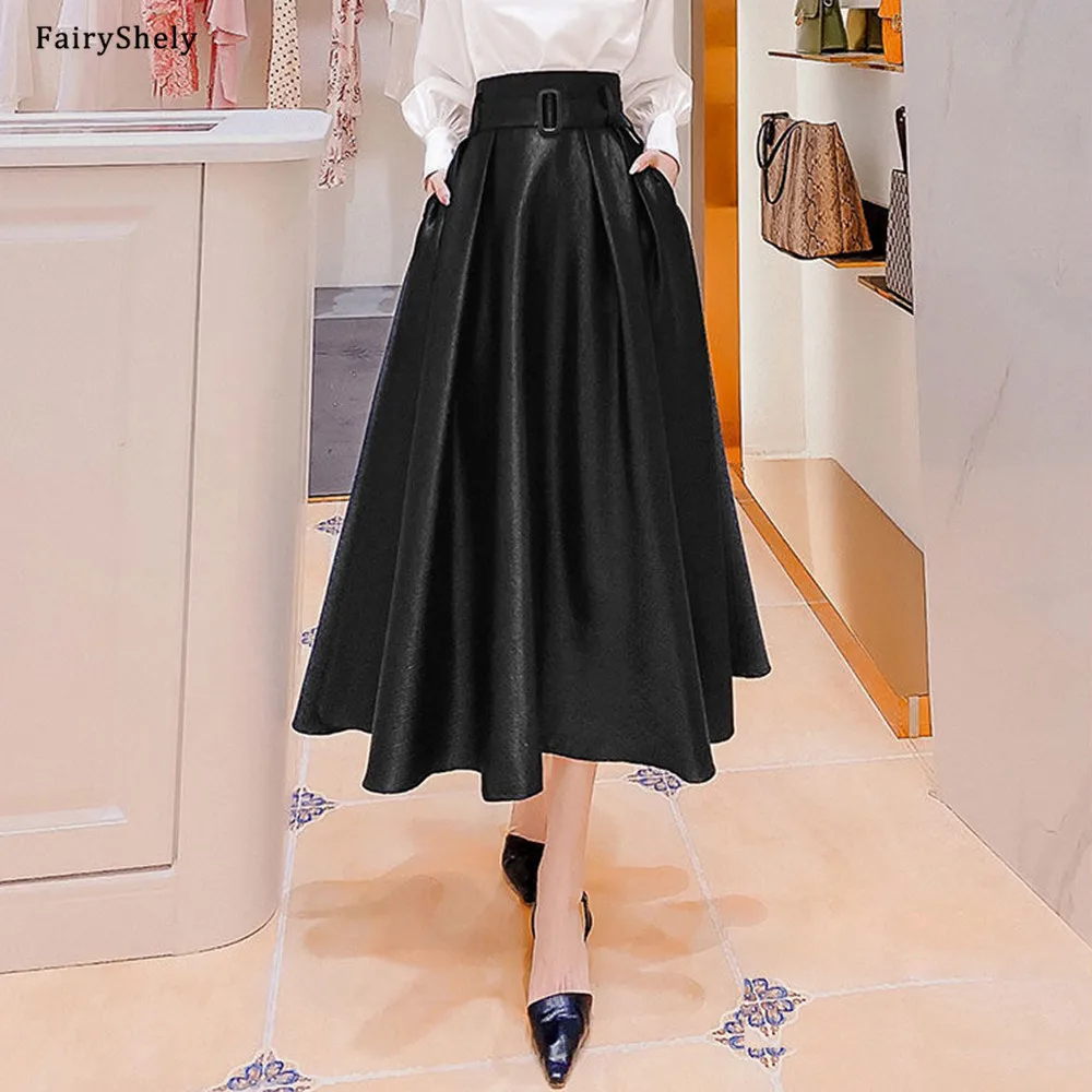 

Женская длинная юбка FairyShely, элегантная офисная юбка-трапеция в английском стиле с высокой талией и поясом, черная юбка-зонтик в стиле ретро, ...