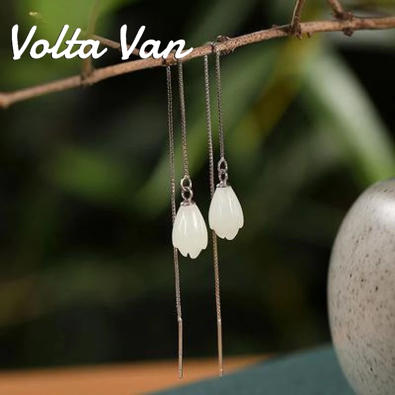 

Volta Van Jade Drop Earrings 2022 New 925 Sterling Silver Vintage Pendientes Plata Magnolia Flower Long Ear Cords Earrings