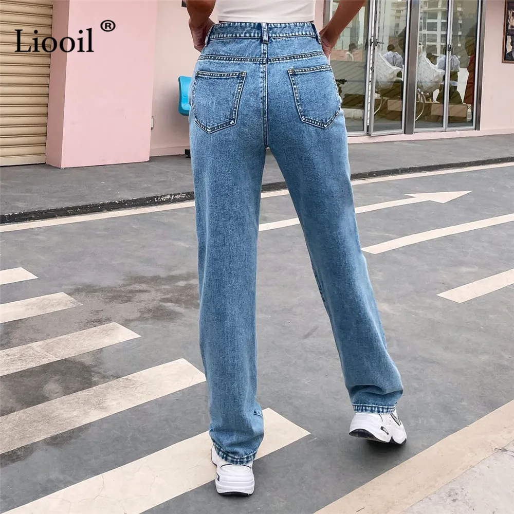 

Liooil Straight Leg Jeans Pants Women High Waist With Pockets Button Blue Washed Cotton Denim Trouser Summer Streetwear 2021
