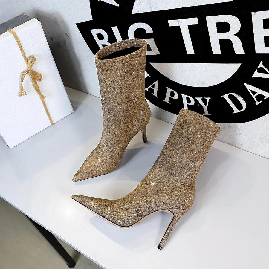 

Female High Heels Women Boots Cloth Solid Color Pointed Middle Tube Stiletto Short Plush Increase Keep Warm Waterproof Shoes