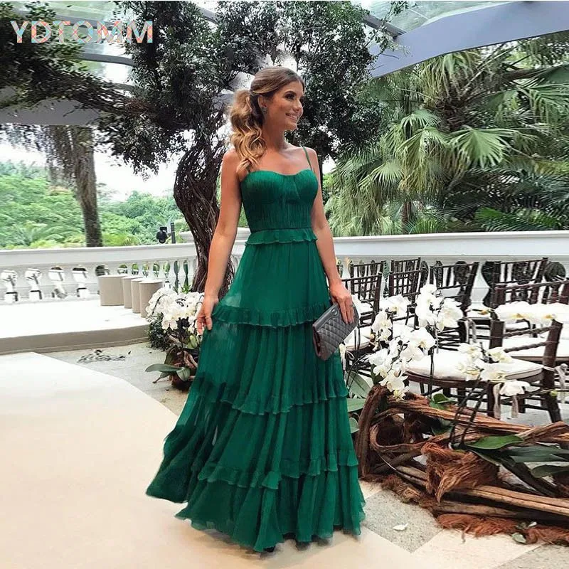 

Formal Dress Women Elegant Evening Green Ruffle Long Dress Backless Spaghetti Strap Robe Femme Designer Dresses Runway 2021