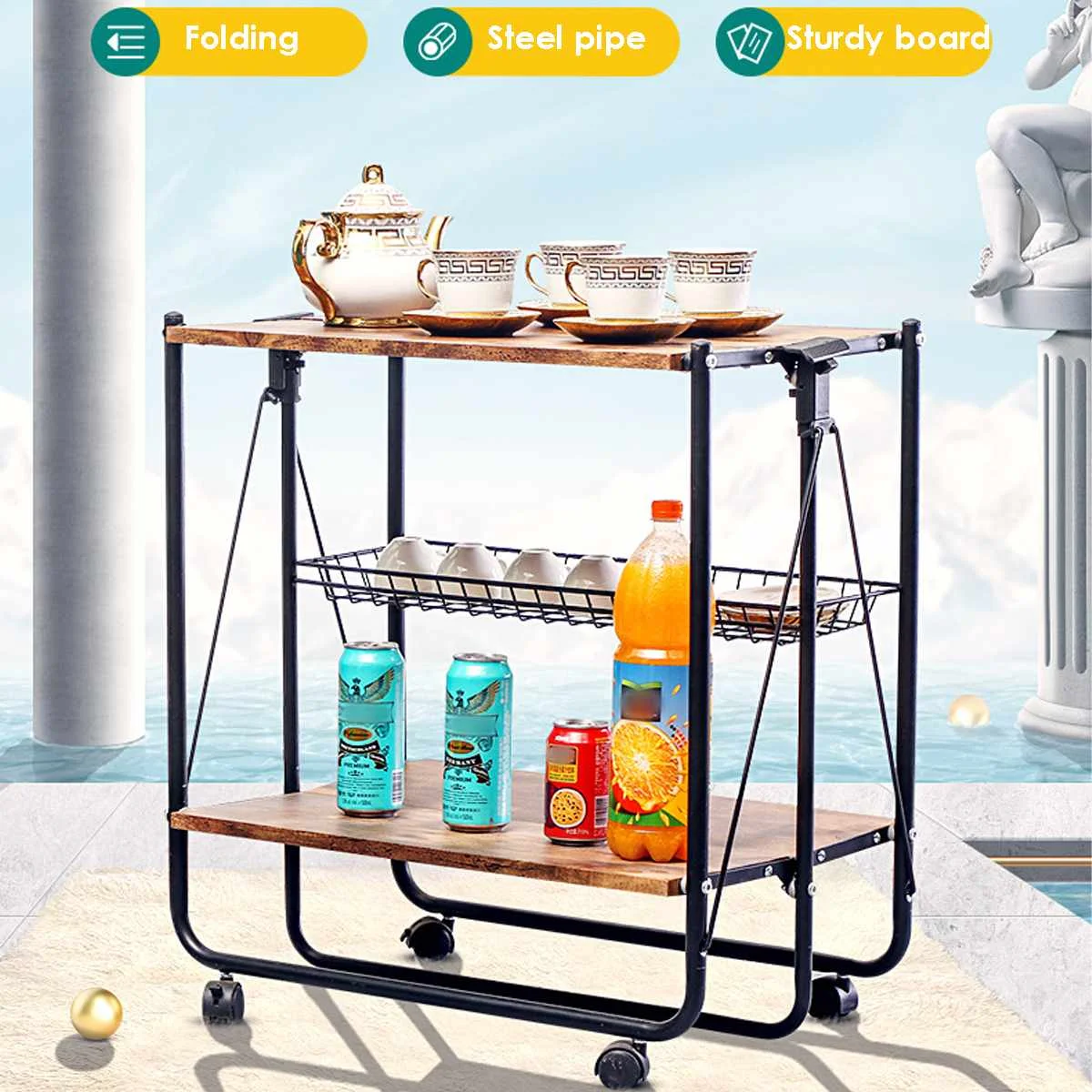 

Folding Rolling MDF Kitchen Island Trolley Cart Dining Storage Basket Steel Pipe Stand Kitchen Organizer Storage Holder Shelves