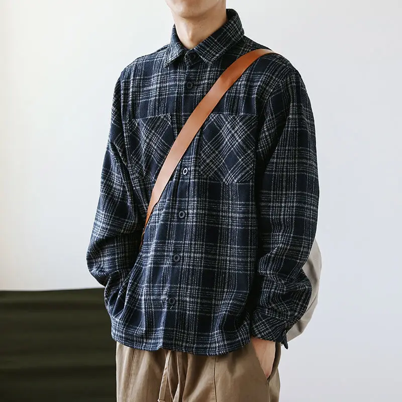 

Рубашка мужская шерстяная в клетку, Модная хлопковая Свободная Повседневная в японском стиле ретро, с отложным воротником, на пуговицах, с д...