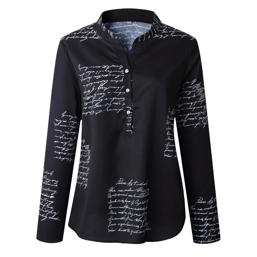 Long Sleeve Black Осенние женские рубашки, блузка с буквенным принтом, Модные Белые блузы на пуговицах с v-образным вырезом, повседневные топы, рубашки с коротким рукавом, блузы - Цвет: Long Sleeve Black