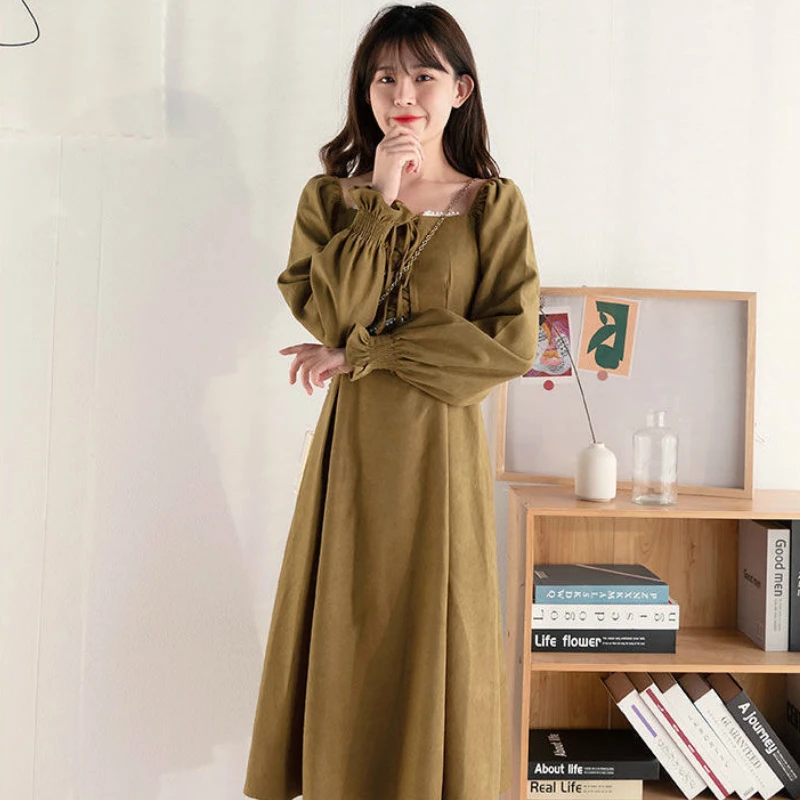 

Long Flare Sleeve Dress Women Solid Square Collar A-line High Waist Loose Mid-calf Length Student College Elegant Casual Dresses