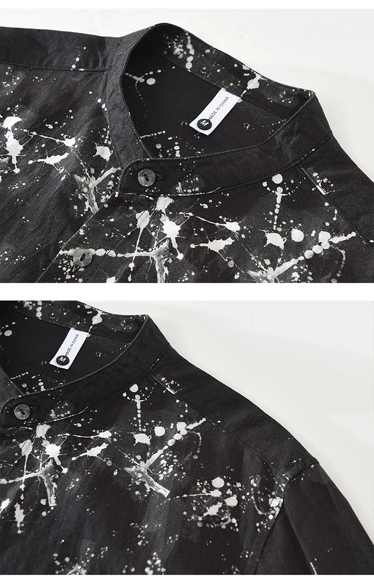 

Ink Print Shirt with Three-Quarter Sleeves. Men's Vintage Linen Shirt