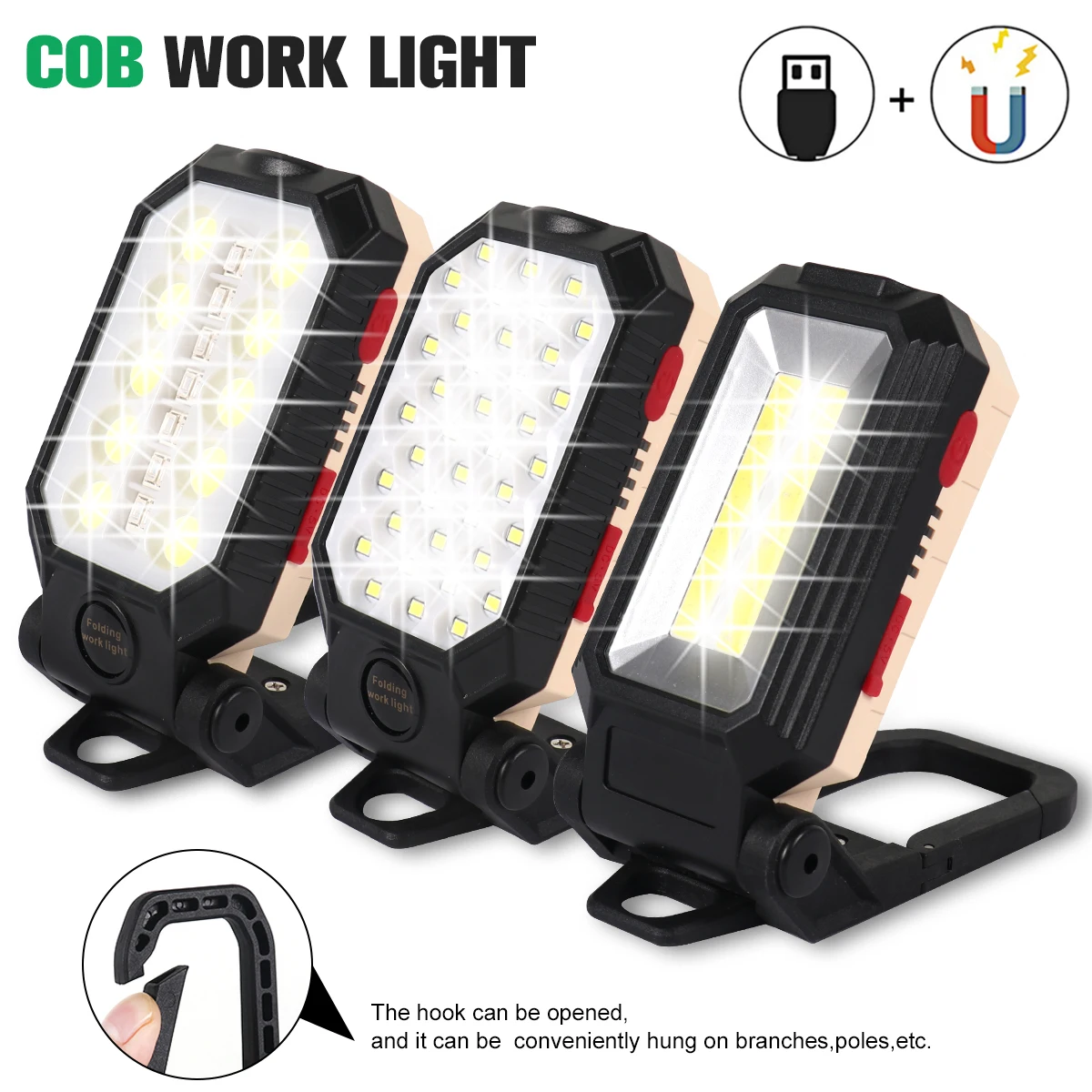 

USB Rechargeable COB Work Light Portable LED Flashlight Adjustable Waterproof Camping Lantern Magnet Design with Power Display