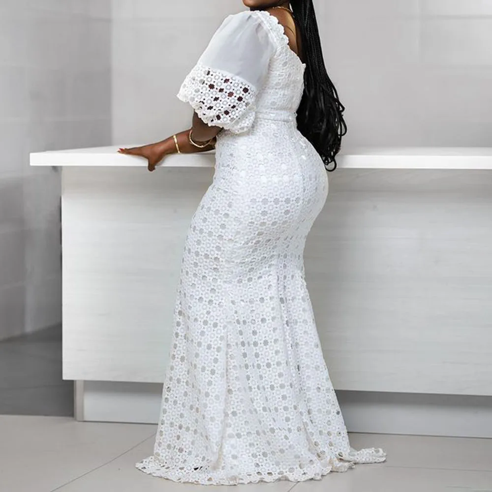 

White Elegant Party Dress Hollow Out Bodycon Dress Sexy Summer Long Maxi Robe 2021 African High Waist Trumpet Femme Vestiod Traf