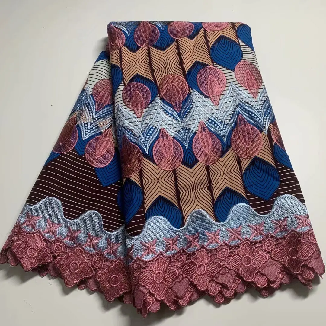 

New African Wax Print With Lace High Quality Embroided African Wax and Lace Fabric 100% Cotton Nigeria Guipure Wax and Lace 6Yds