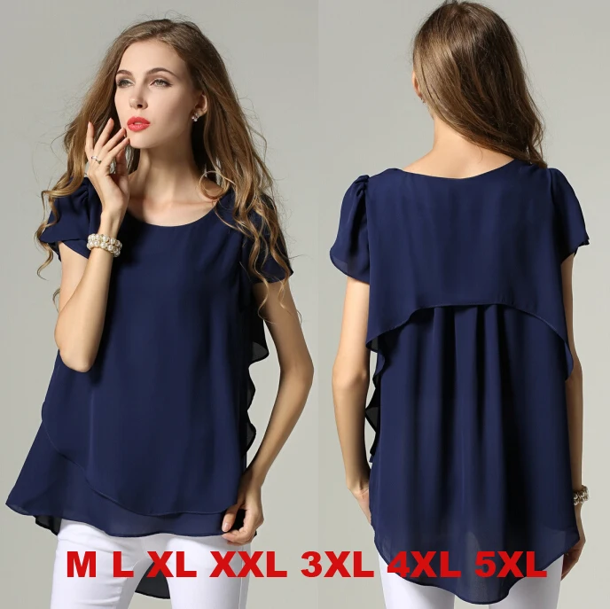 Large 3XL 4XL 5XL Plus Size chiffon blouse 2020 Summer short sleeve shirts Yellow Navy White Black women tops camisa feminina | Женская