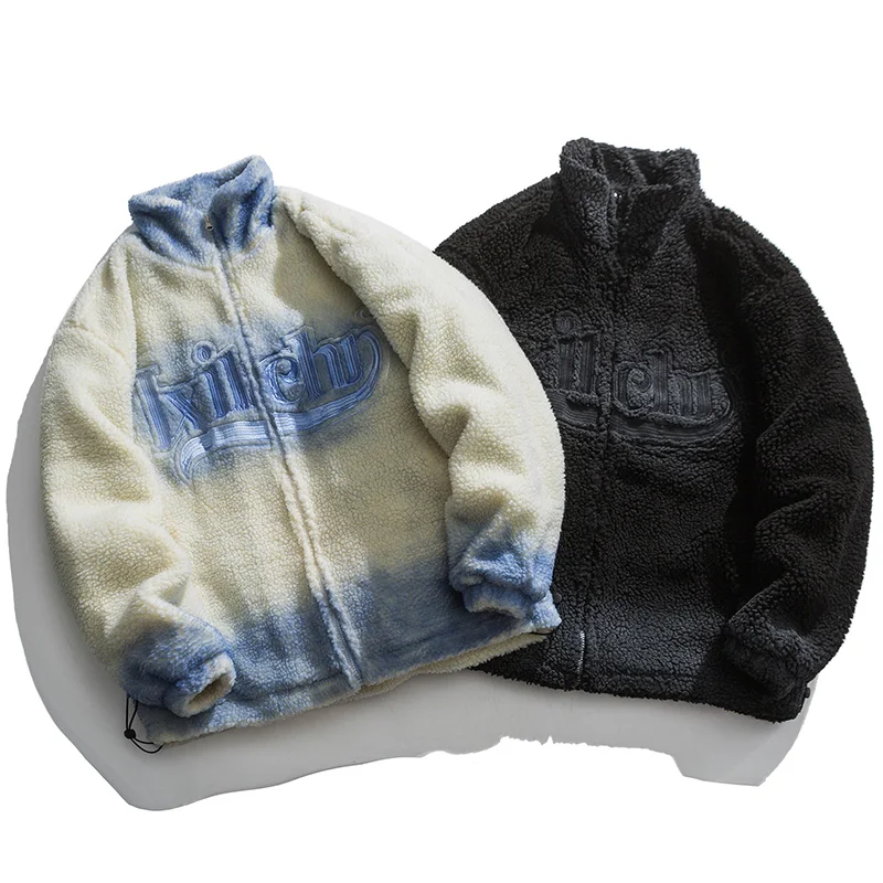 Aolamegs Lambswool Parkas Jacket Men Embroidery Gradient Print Zipper Coat Winter Warm Fashion Hip Hop Cotton Padded Outwear Men