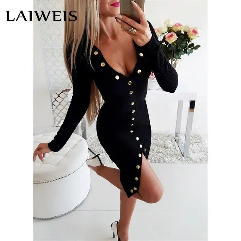 

LAIWEIS 2021 New Ladies Black Sexy Deep V-neck Slim Dress Fashion Cocktail Party Bodycon Long Sleeve Autumn Women Dresses