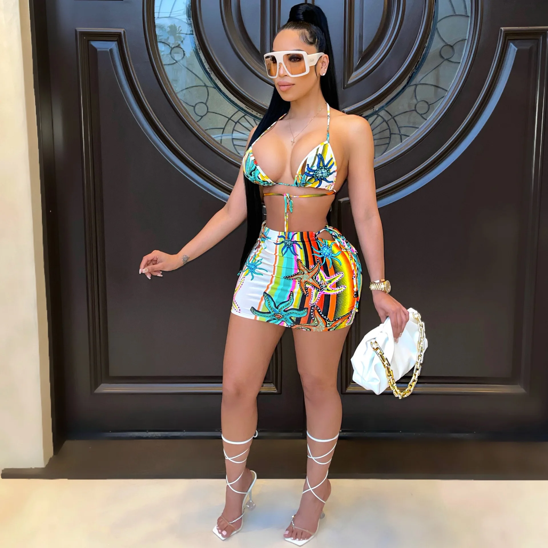 

Sexy Print Vacation Beach Dress Suits 2 Piece Bikini Crop Top Mini Skirts Set Women Summer Clothes Club Wear D91-BH16