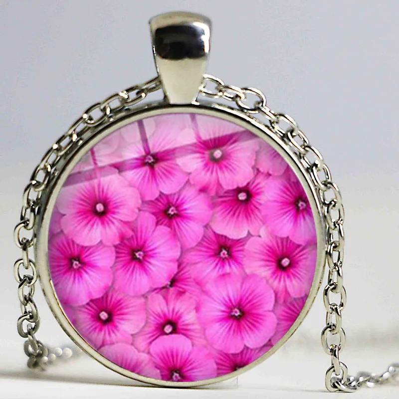 New Pink Flowers Pendant Necklace Rose Leaf Wave Line Art Pattern Glass Cabochon Silver Color Chain Jewelry for Women | Украшения и