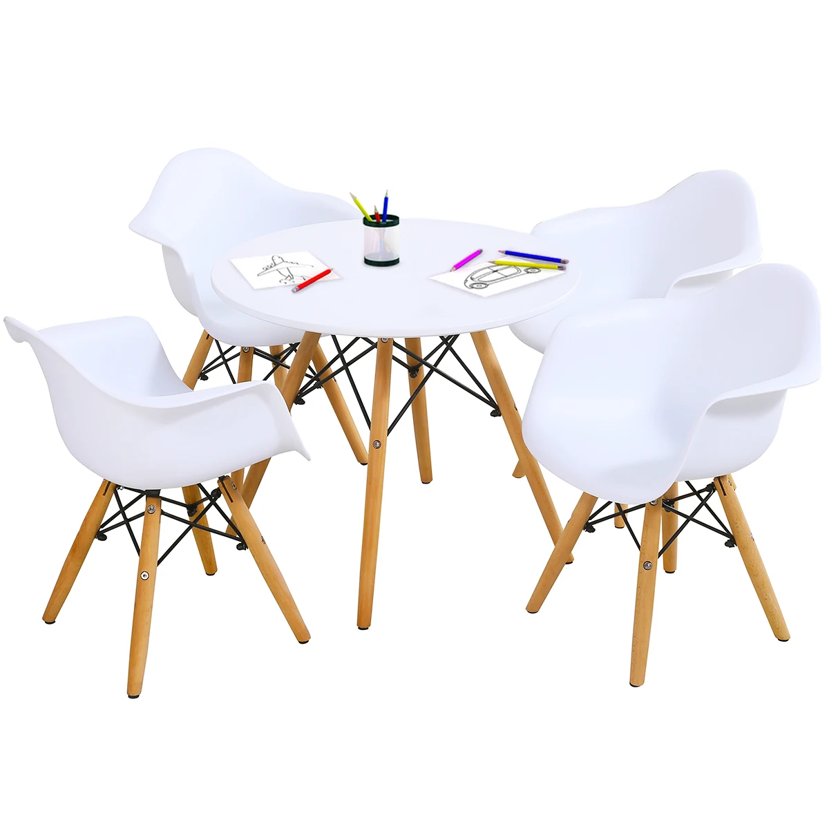 Kids Learning Dining Table &Chairs Set w/4 Chairs Solid Construction 5 pieces