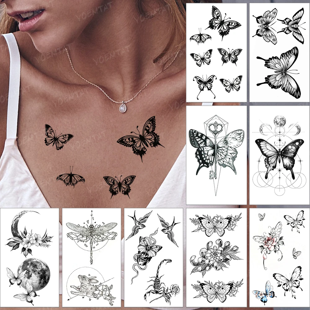 

Waterproof Temporary Tattoo Sticker Black Butterfly Wing Flash Tatoo Neck Face Woman Man Child Realistic Body Art Tattoos