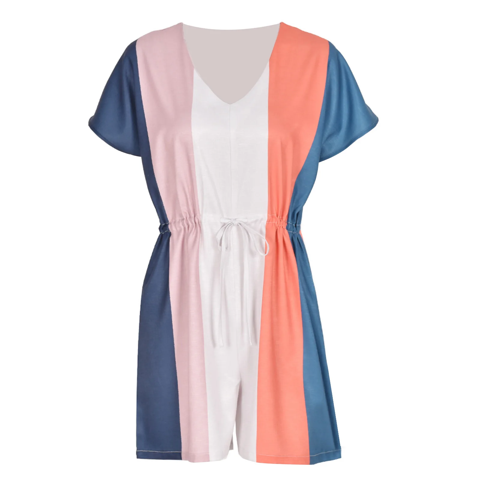 

Female Jumpsuit, Striped V-Neck Short Sleeve Romper Playsuit with Drawstring for Adults Women, S/M/L/XL