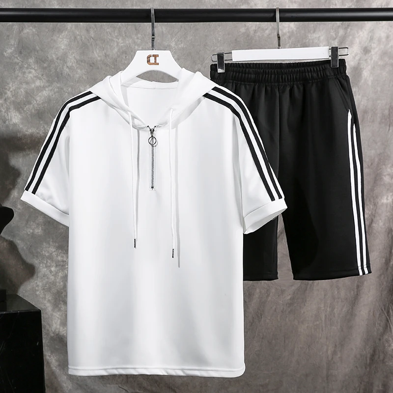 

Men's summer main short sleeve suit Korean version trend hooded T-shirt men's leisure sports two-piece suit